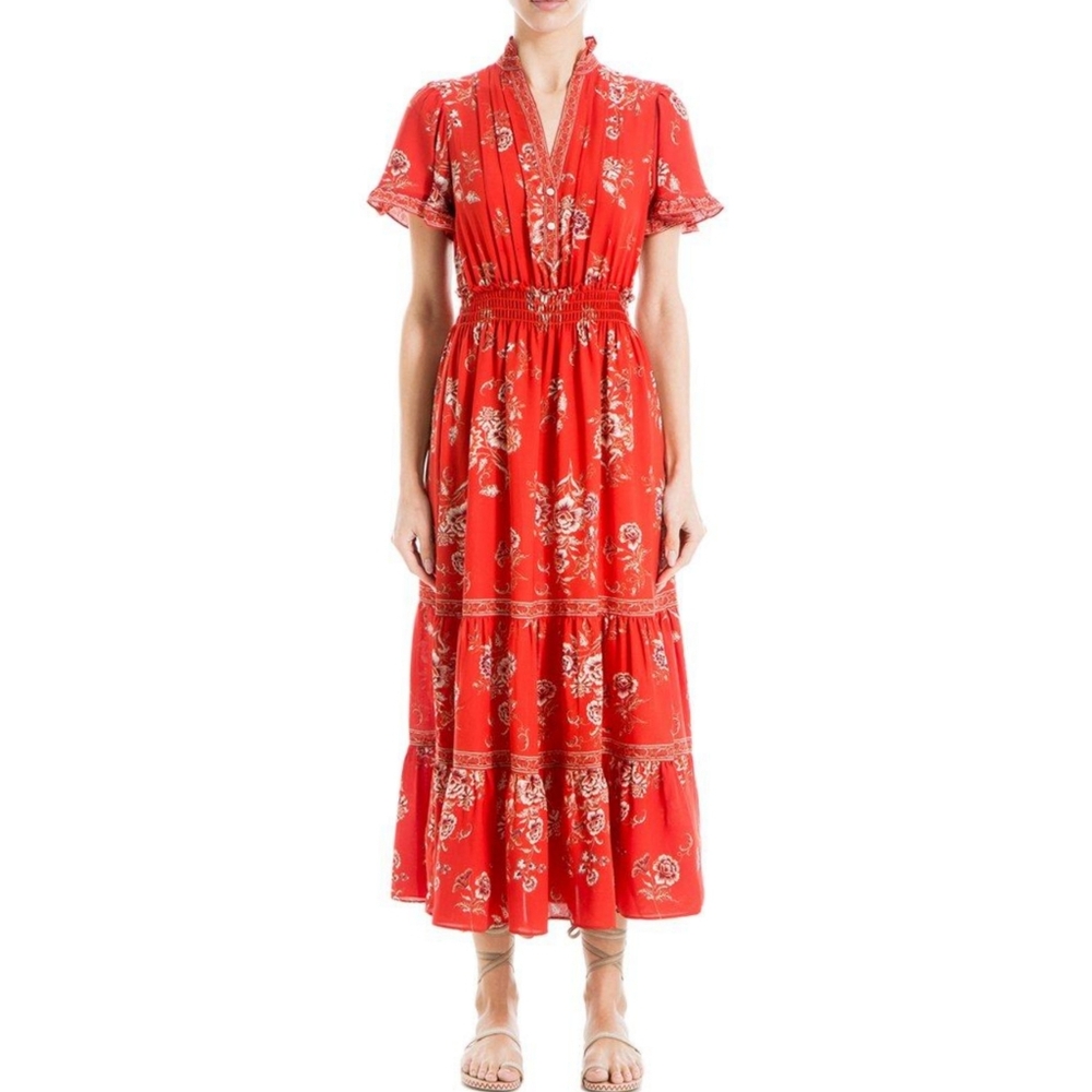 Max Studio Red Floral V Neck Flutter Short Sleeve Tiered Maxi Dress Size XS